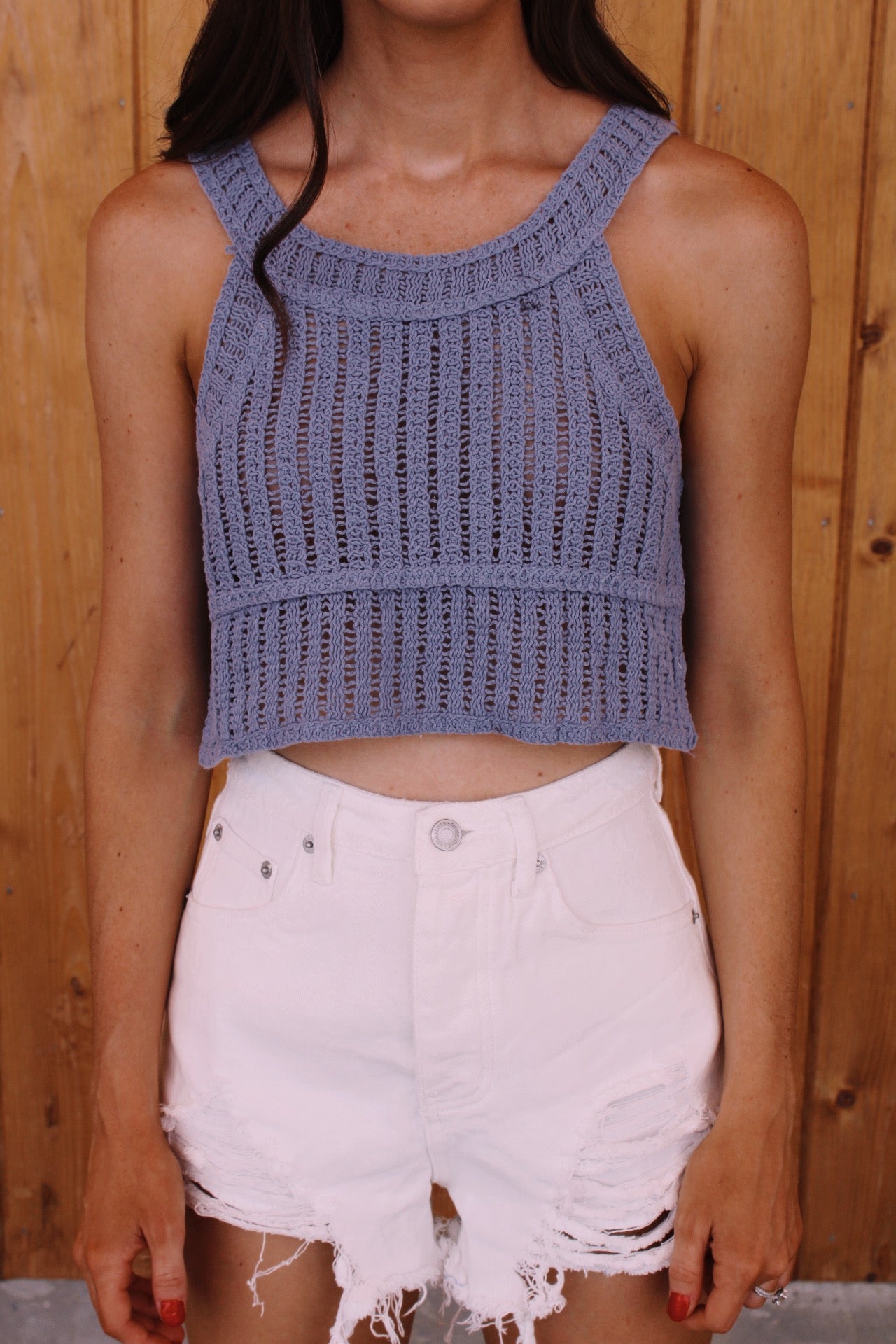Laci Blue Knit Crochet Top
